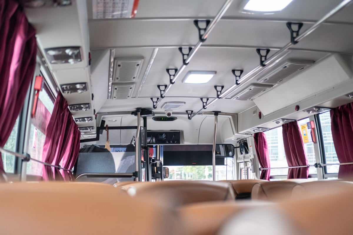Coach interior viewed from the aisle